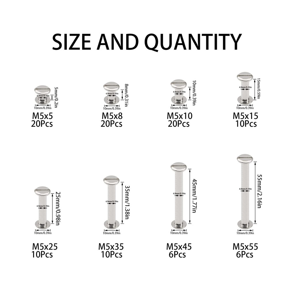 204Pcs M5 Chicago Binding Screws Stud Posts Rivet Button Assortment Kit for D...