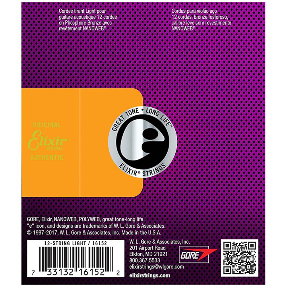 Elixir 16152 12-String Nanoweb Phosphor Acoustic Guitar Strings Light 10-47