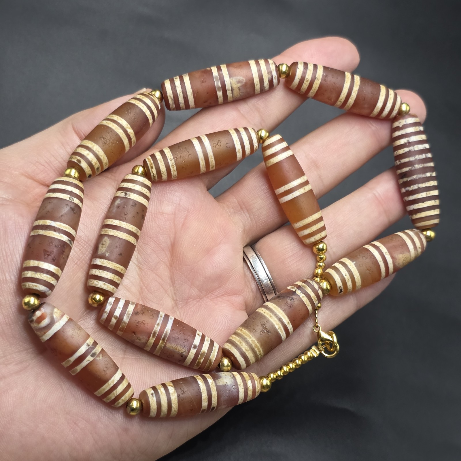 Antique Etched Carnelian Decorated Agate Beads Necklace.