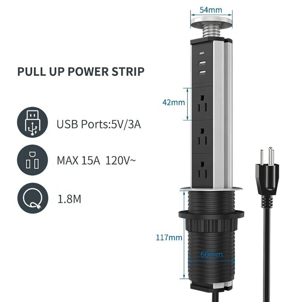 Melery Pop-up Socket Power Strip Kitchen Hidden Table USB Type-C US Plug Outlet