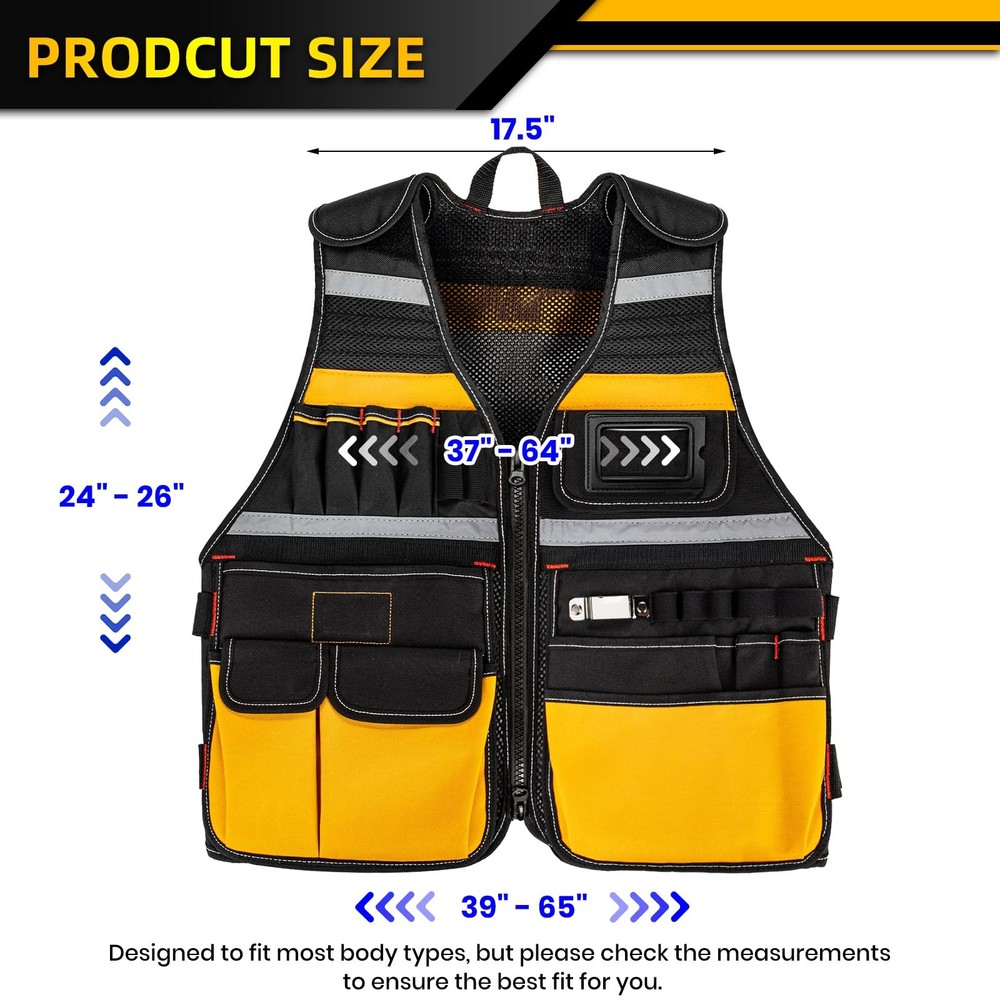 Tool Vest, Electrician Tool Vest for Men, 22 Compartments, Reflective Workwea...
