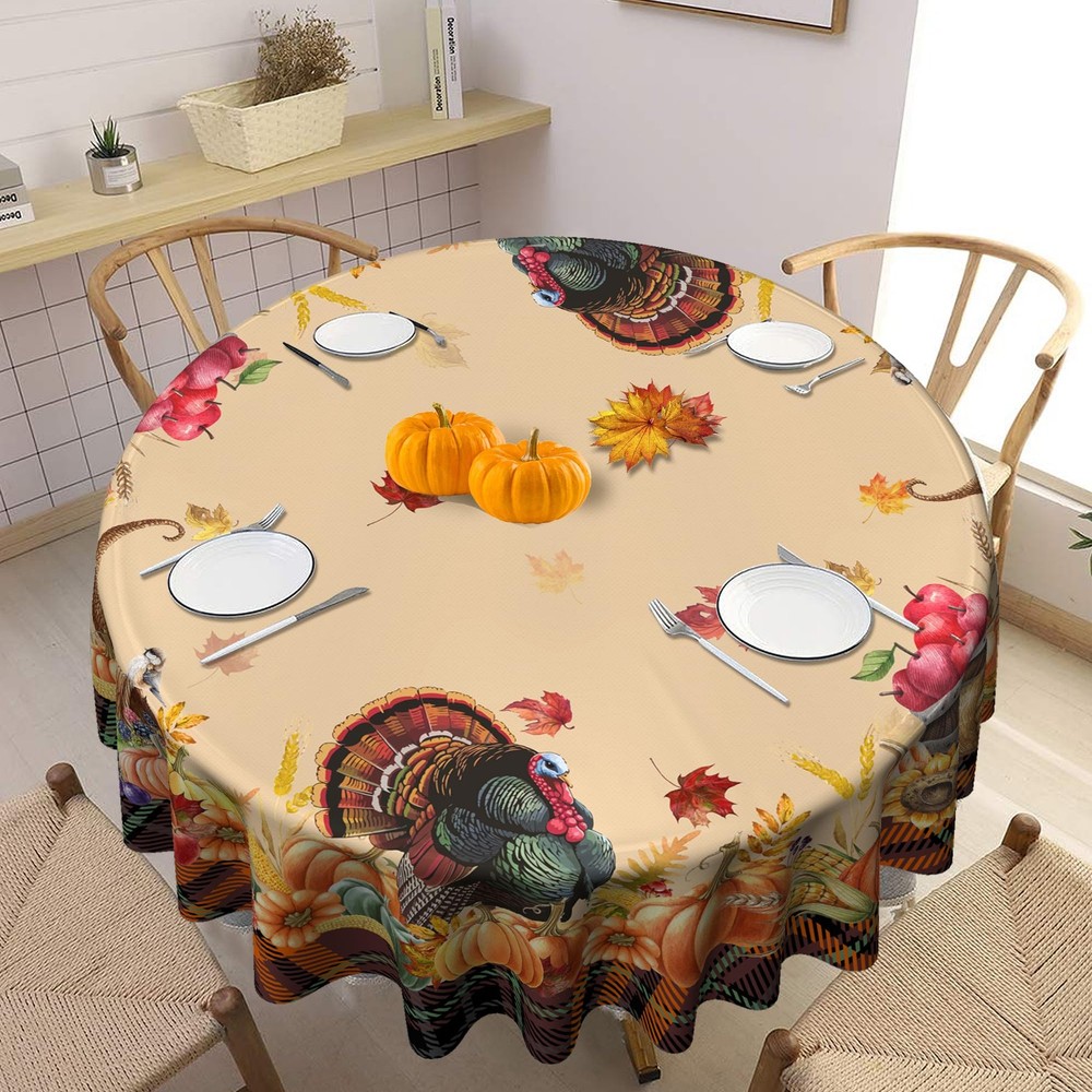 Thanksgiving Round Tablecloth 70" Turkey Pumpkin Fall Decor Dinner