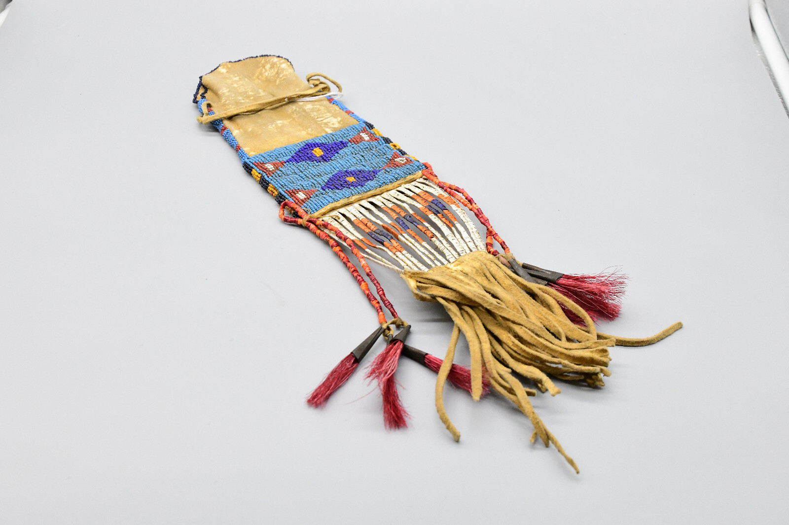 1890 Rare Arapaho Woman's Indian Society Tobacco Beaded Leather Bag 17"