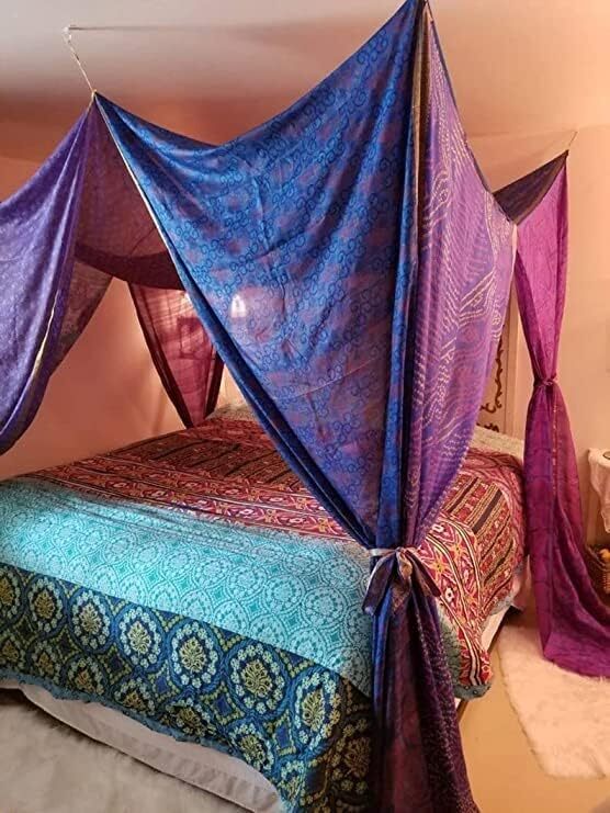 Indian Silk Sari Bed Canopy Four Post Bed Canopy Drapes Gypsy Canopy