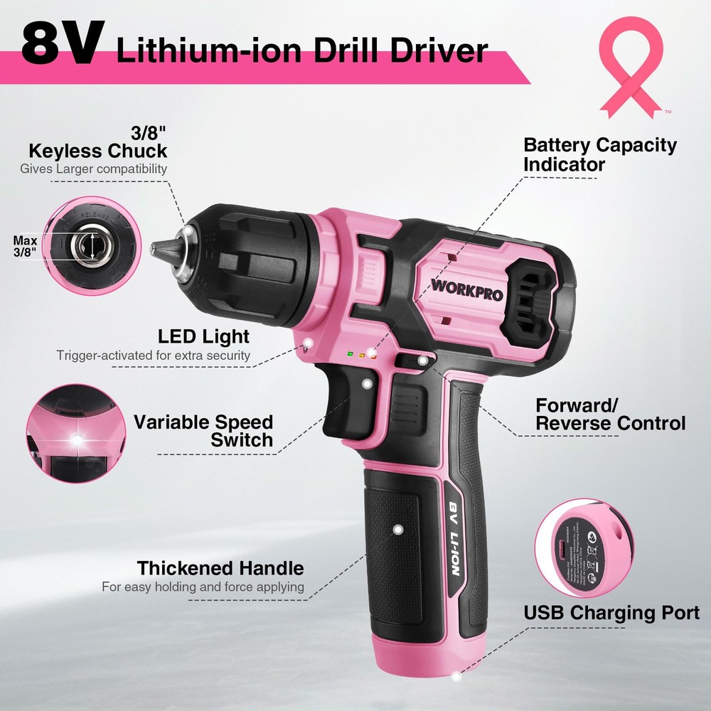 WORKPRO Pink Cordless Drill Set, 8V Impact Driver with 53PCS,