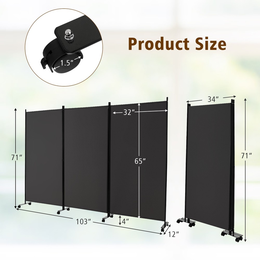 3-Panel Folding Room Divider 6' Rolling Privacy Screen w/Lockable Wheels Grey