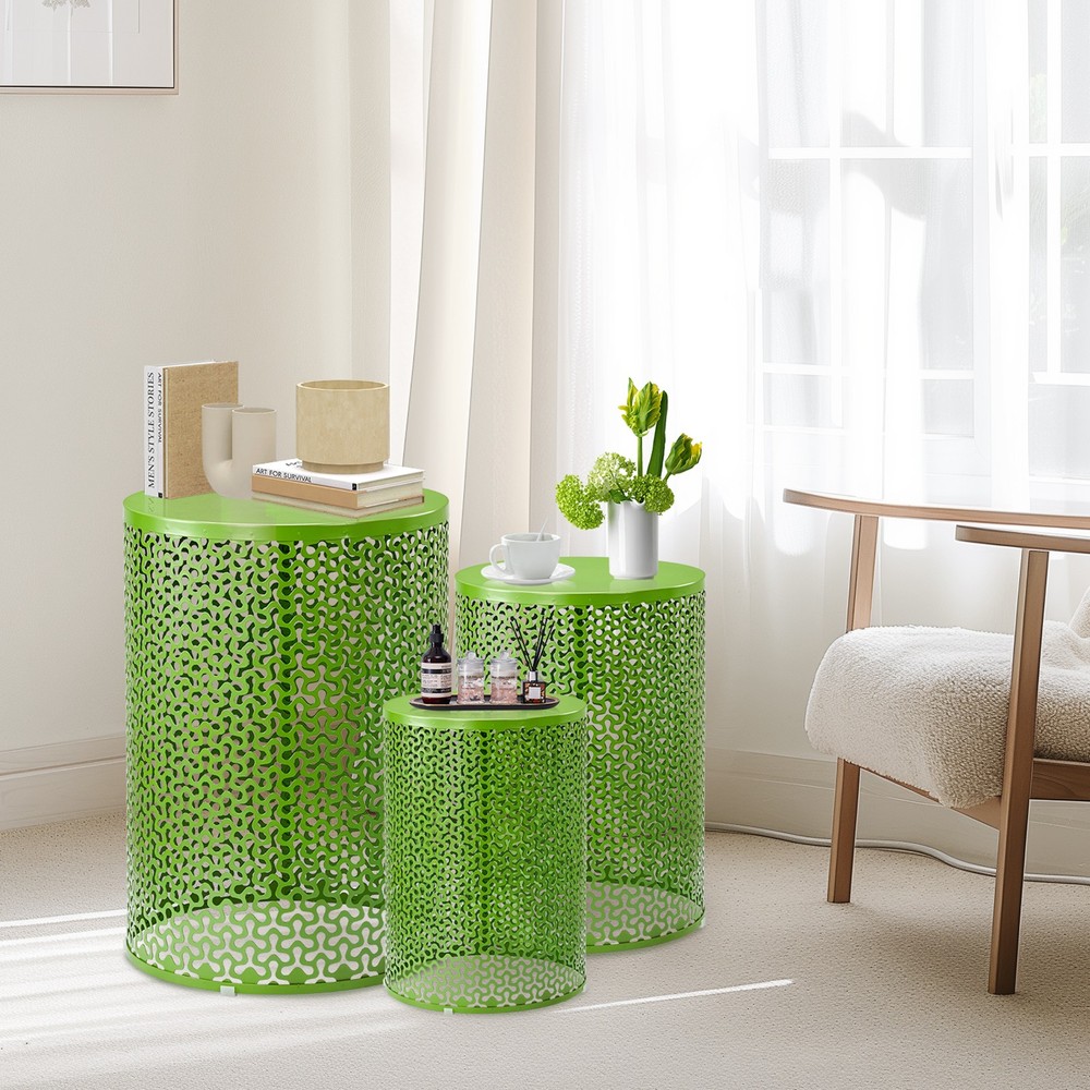 Nesting Side Table Set of 3, Round Patio Accent Table, Metal Frame End Table