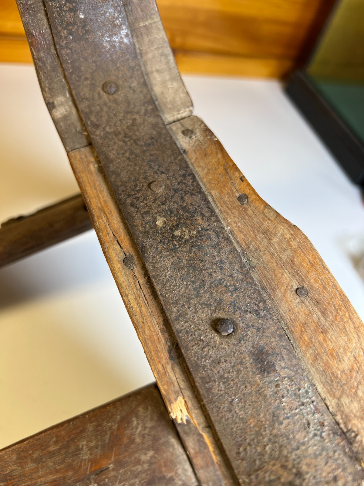 Antique 1880 Hand Made Wooden Saddle Stand Holder Blacksmith Peened Wrought Iron