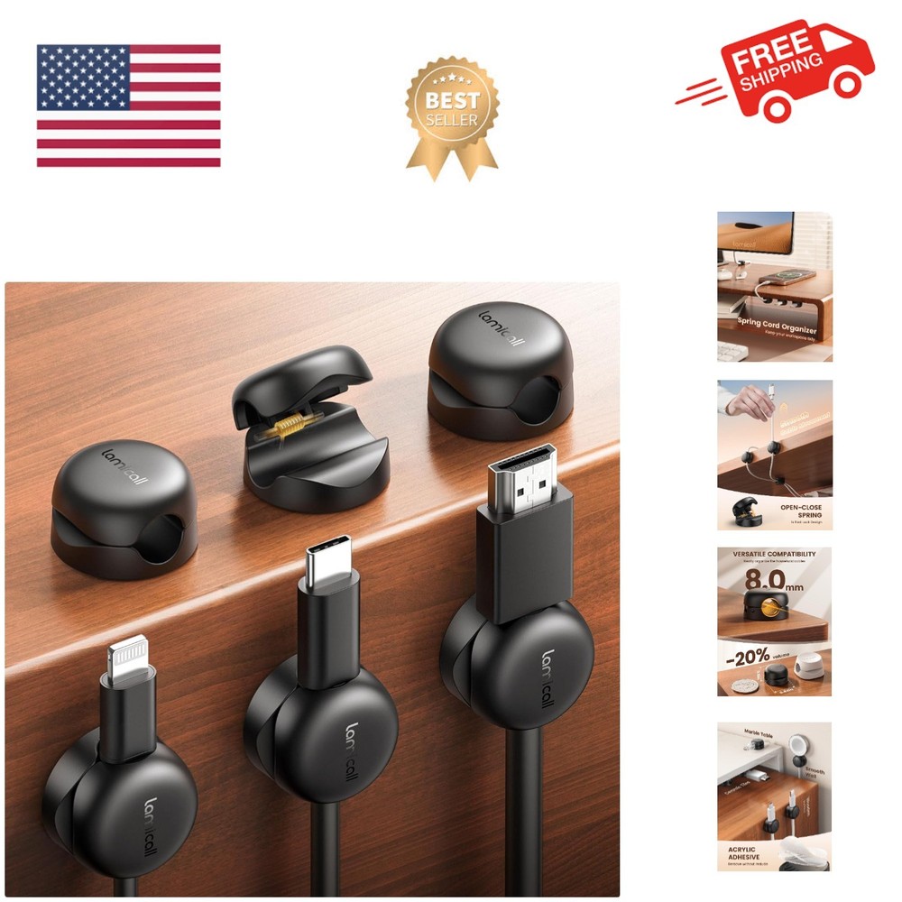 Compact Spring Cable Management Clips - 6Pack for Desk & Nightstand Organization