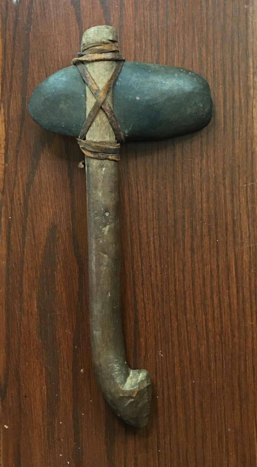 Antique Primitive Stone Axe / War Club Leather Tied Wood Handle American Indian?
