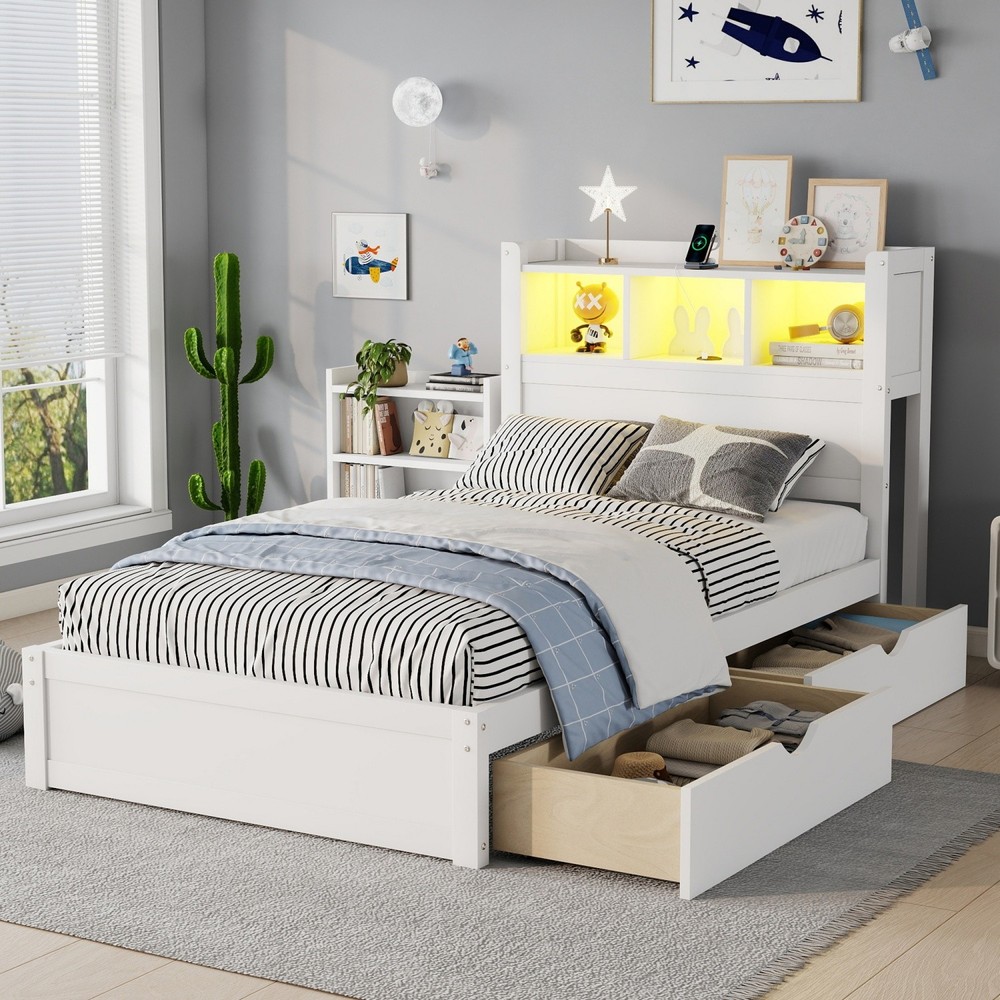Twin/Full LED Storage Wood Bed Frame with Drawers & Headboard & Pull Out Cabinet