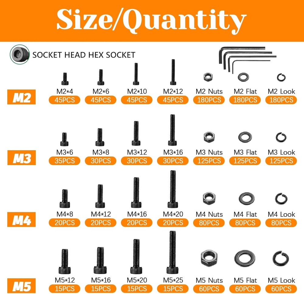 M2 M3 M4 M5 Hex Socket Head Cap Screws Bolts Nuts & Washers Assortment Kit