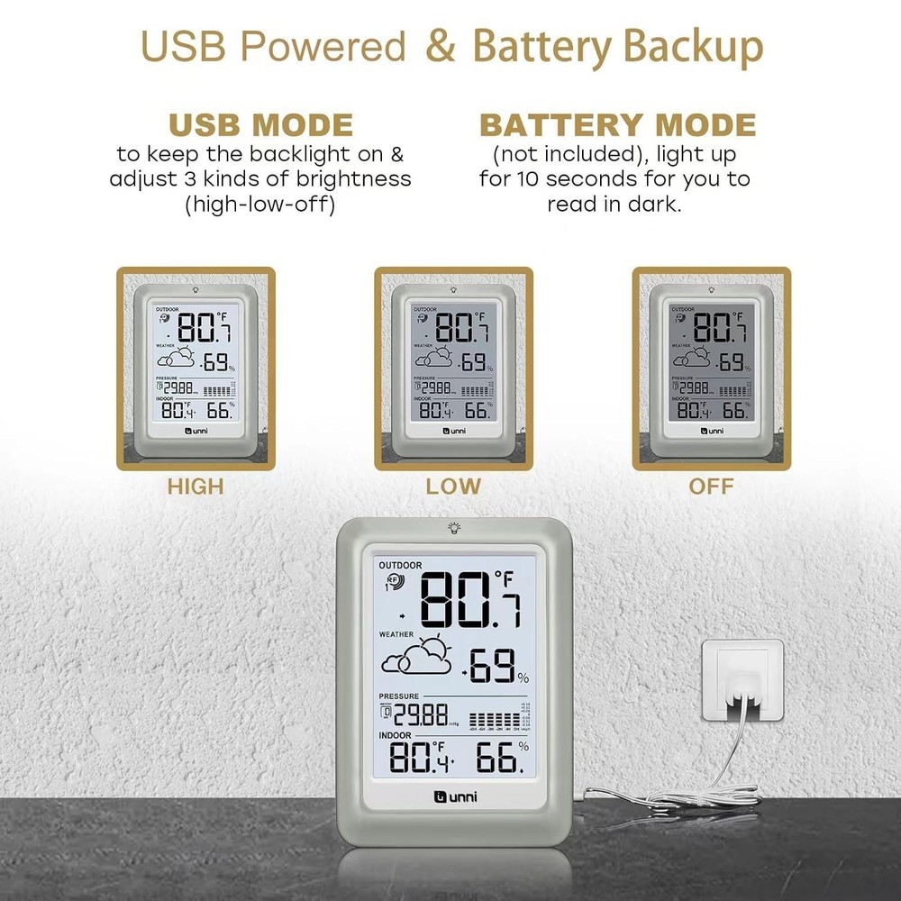 Wireless Weather Station with 330ft Range Sensor and Adjustable Backlight White