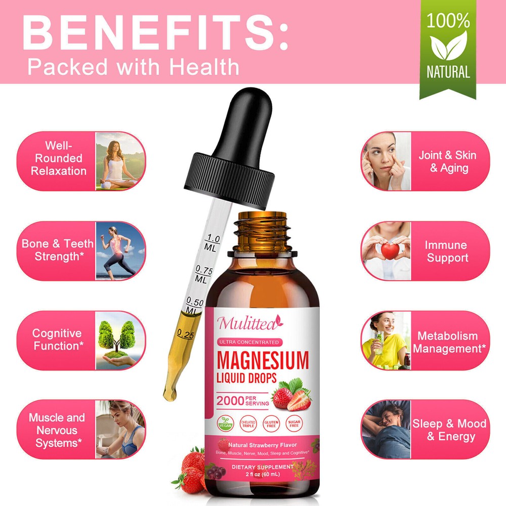 4Bottles Magnesium Liquid Drops ,Improve Bone, Teeth,Immune, Nerve,Sleep 2000MG