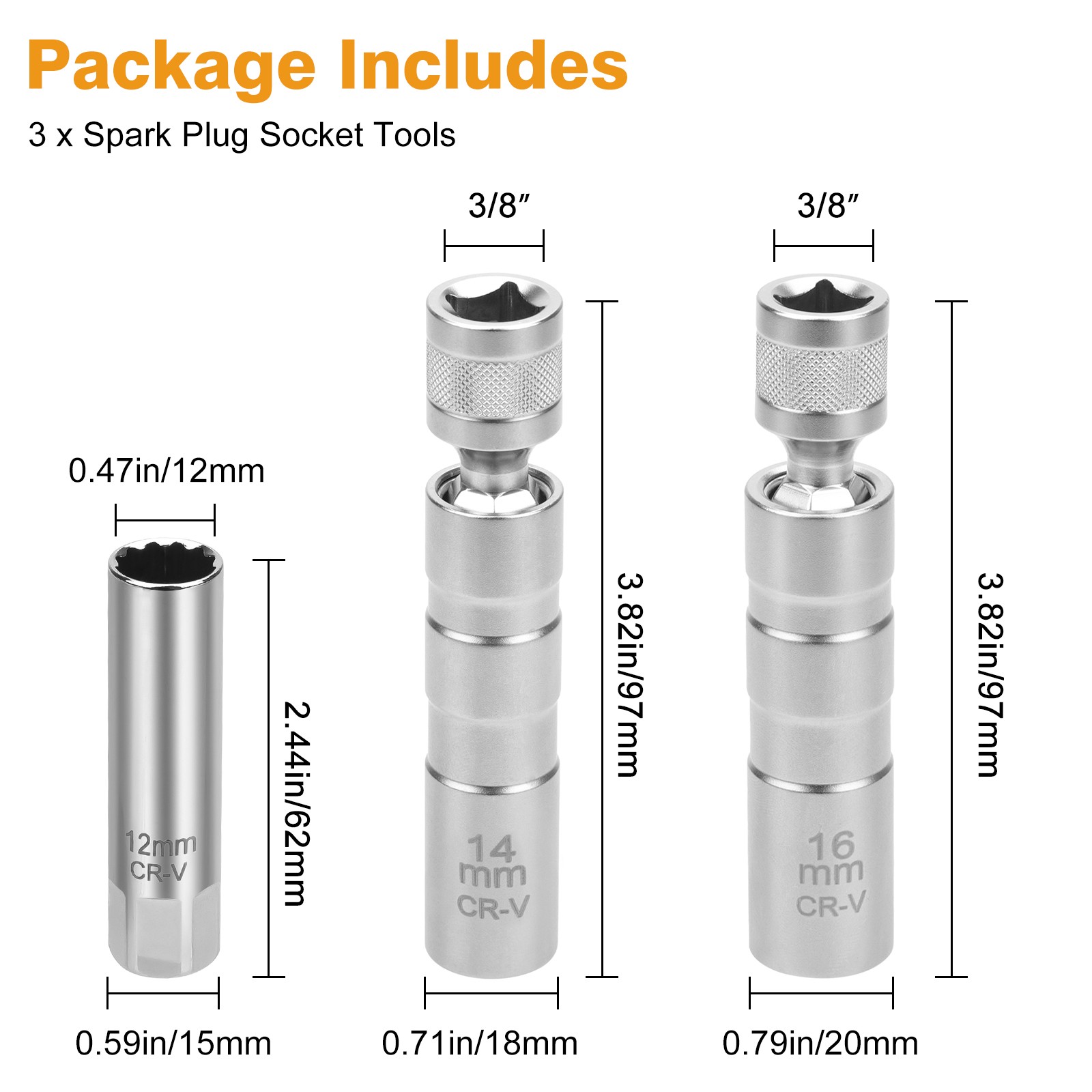 14mm&16mm Thin Wall Magnetic Swivel 3/8"Spark Plug Socket 12-Point Removal Tool