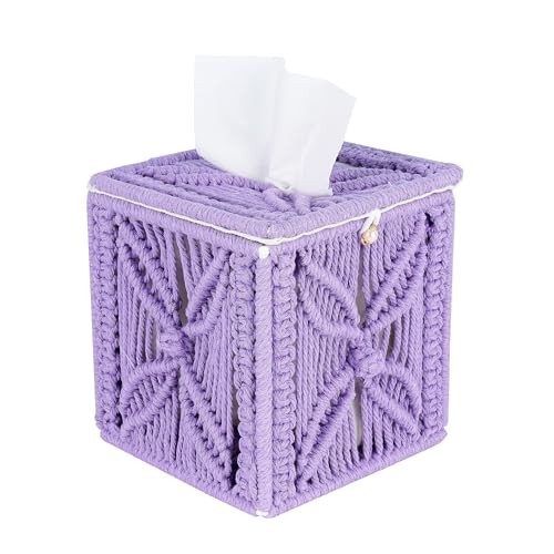 Macrame Tissue Box Cover Floral Pattern - Purple Decorative Square Braided