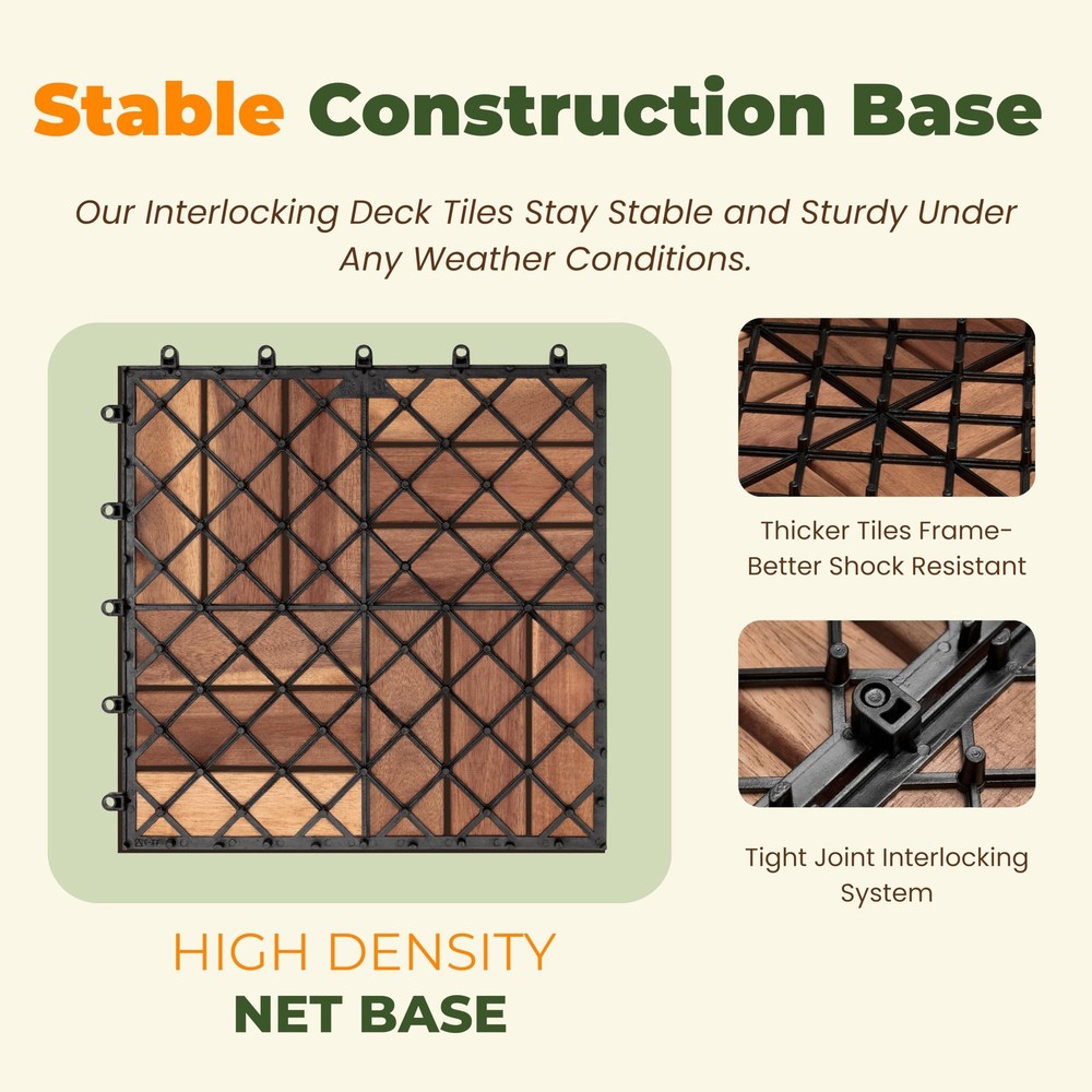 Premium Solid Wood Interlocking Deck Tiles, 10 PCs 12”x12” Snap Together Pati...
