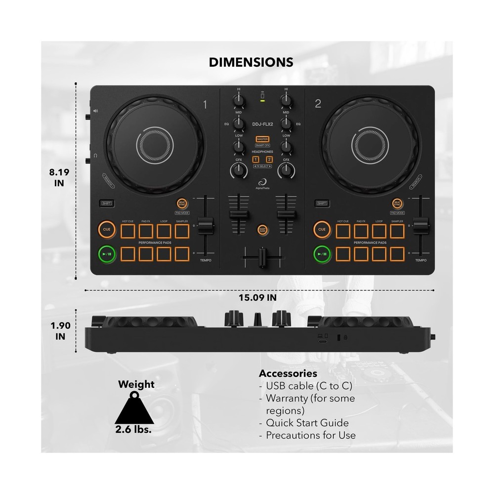 Pioneer DJ AlphaTheta DDJ-FLX2 Compact 2-Channel DJ Controller Bundle with Ca...