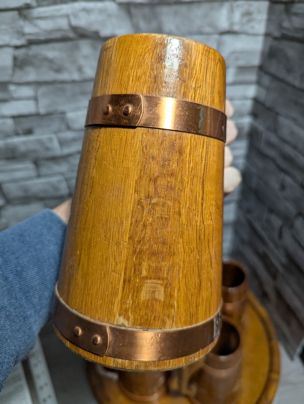 Vtg Set Of 5 Wood & Copper Beer Mug Stein Tankard Cups w/Tray Viking Bar Decor