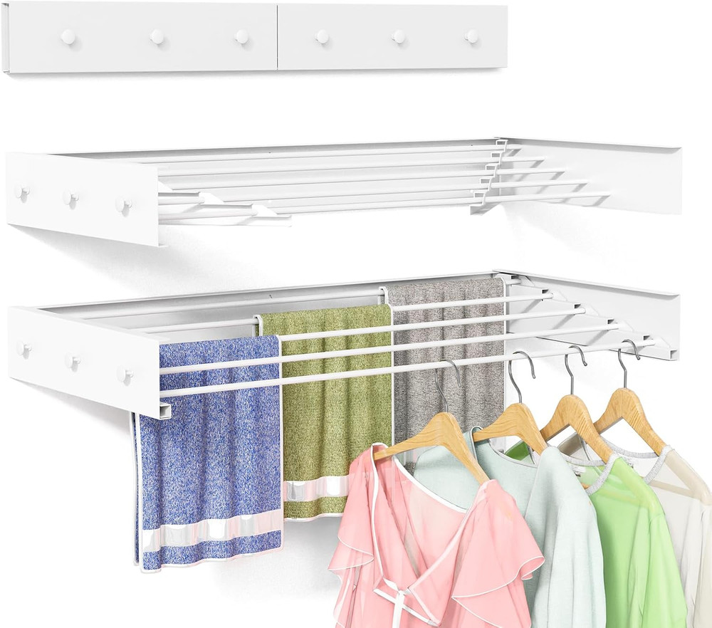 Collapsible Wall-Mounted Drying Rack with 5 Rods & 6 Hooks - Space-Saving Design