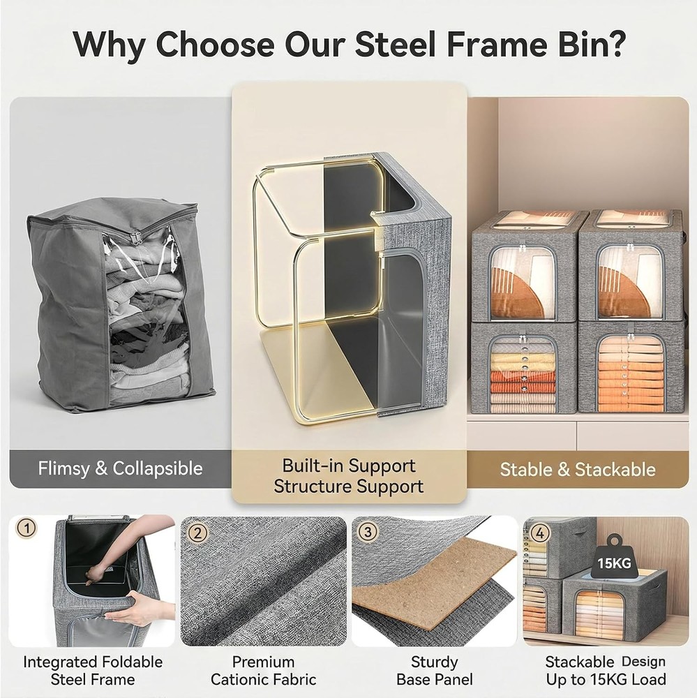 GoMaihe Clothes Storage Bin with Metal Frame: 6-Pack Stackable Closet Storage Bi