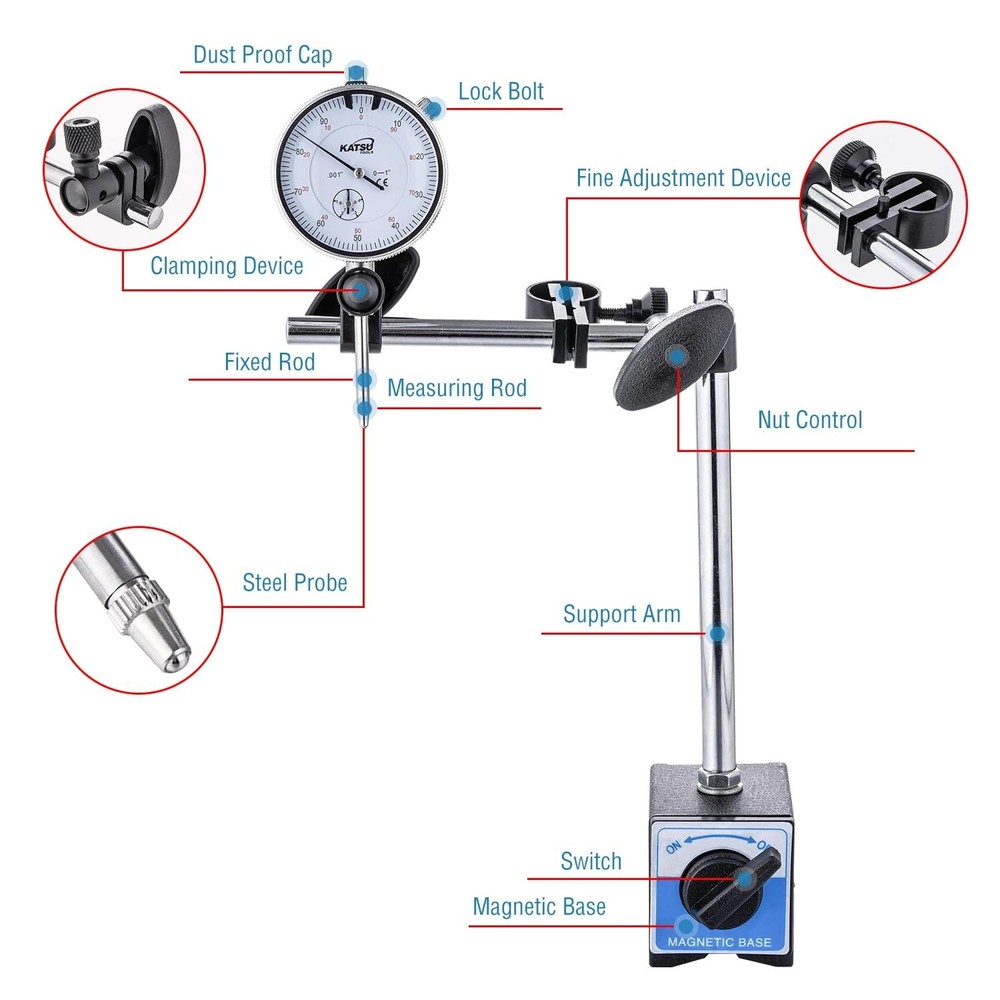 Versatile 0-1.0” Dial Indicator with Strong Magnetic Base for Engineering Use