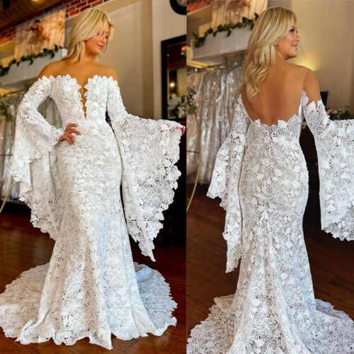 Full Lace Mermaid Wedding Dresses Long Sleeves Backless Boho Bridal Gowns