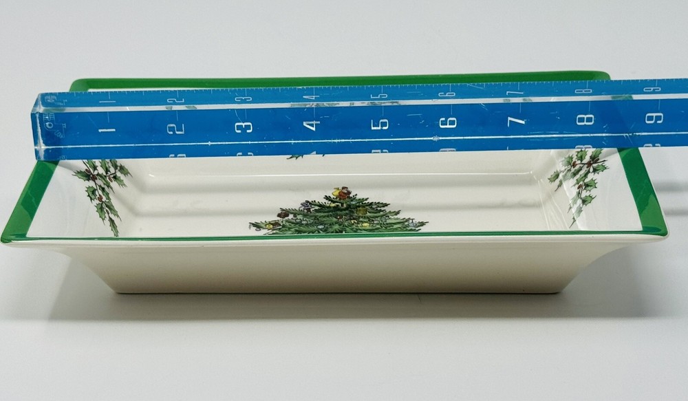 Spode Christmas Tree Rectangular Serving Tray Green Trim 8.5" England MINT