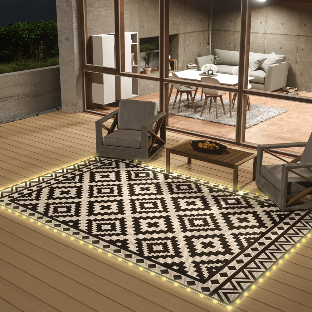 HAUSHOF 5'X8' Outdoor Rug Waterproof with LED Strip Light Black&White for Porch