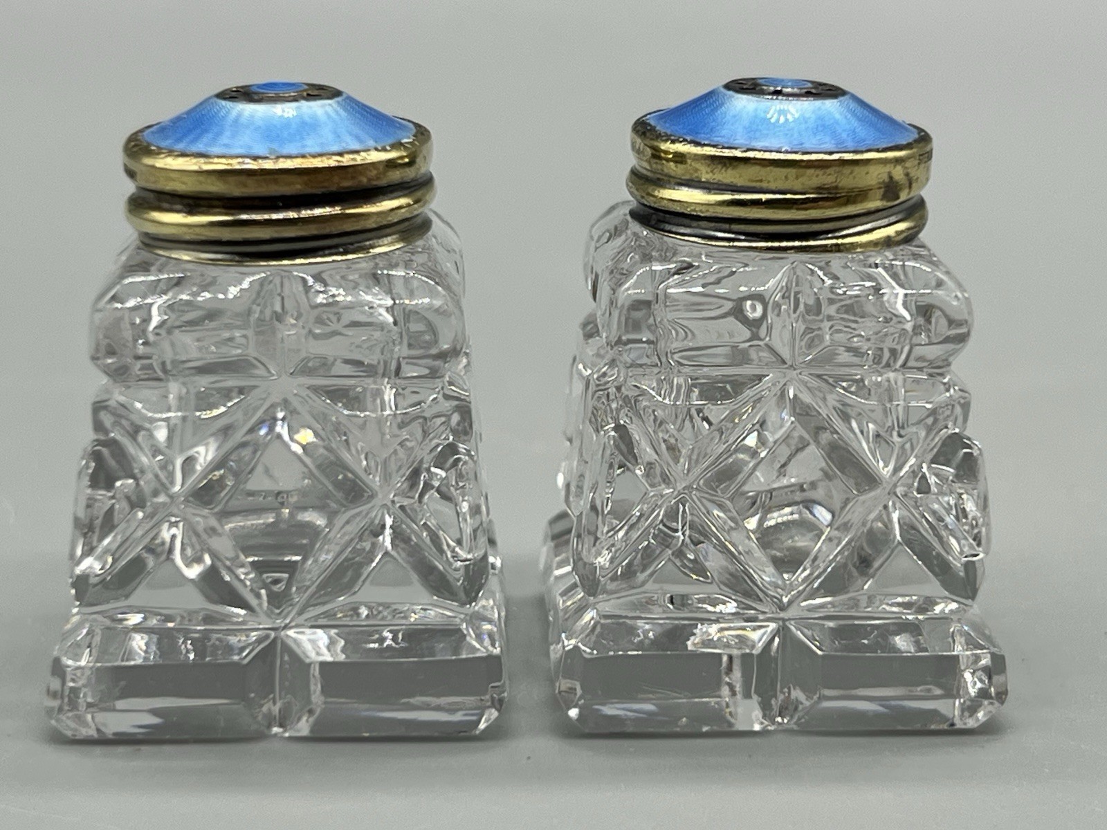2 VTG Norway Sterling Silver Blue Guilloche Lids & Glass Salt Pepper Shakers
