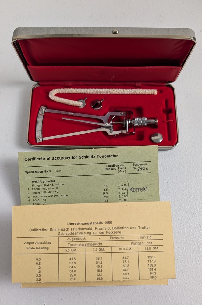 Vintage German Schiøtz Tonometer Improved w/ Case, Weights & Certificate –Tested