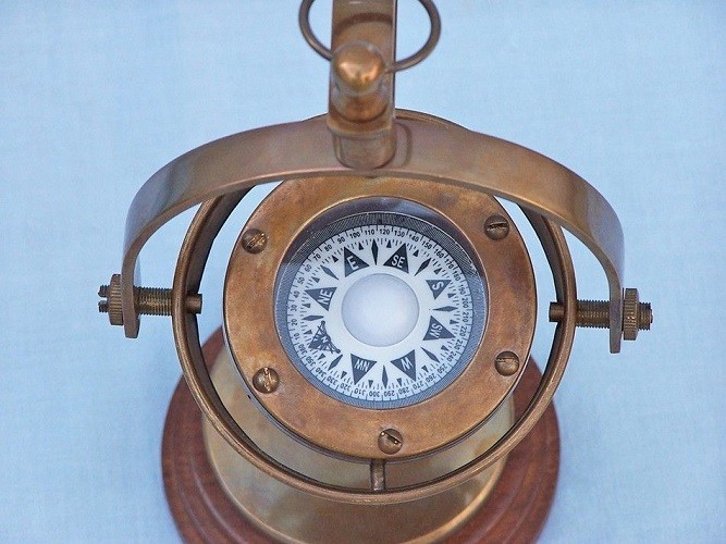 Polished Brass Compass with Solid Metal Pole and Wood Base