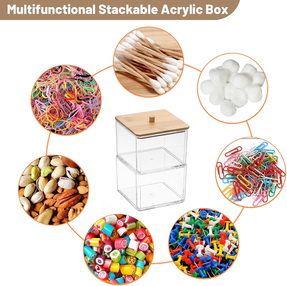 Clear Stackable Paper Clip Holder with Bamboo Lid 2-Layer Paperclip Box Thick Ac