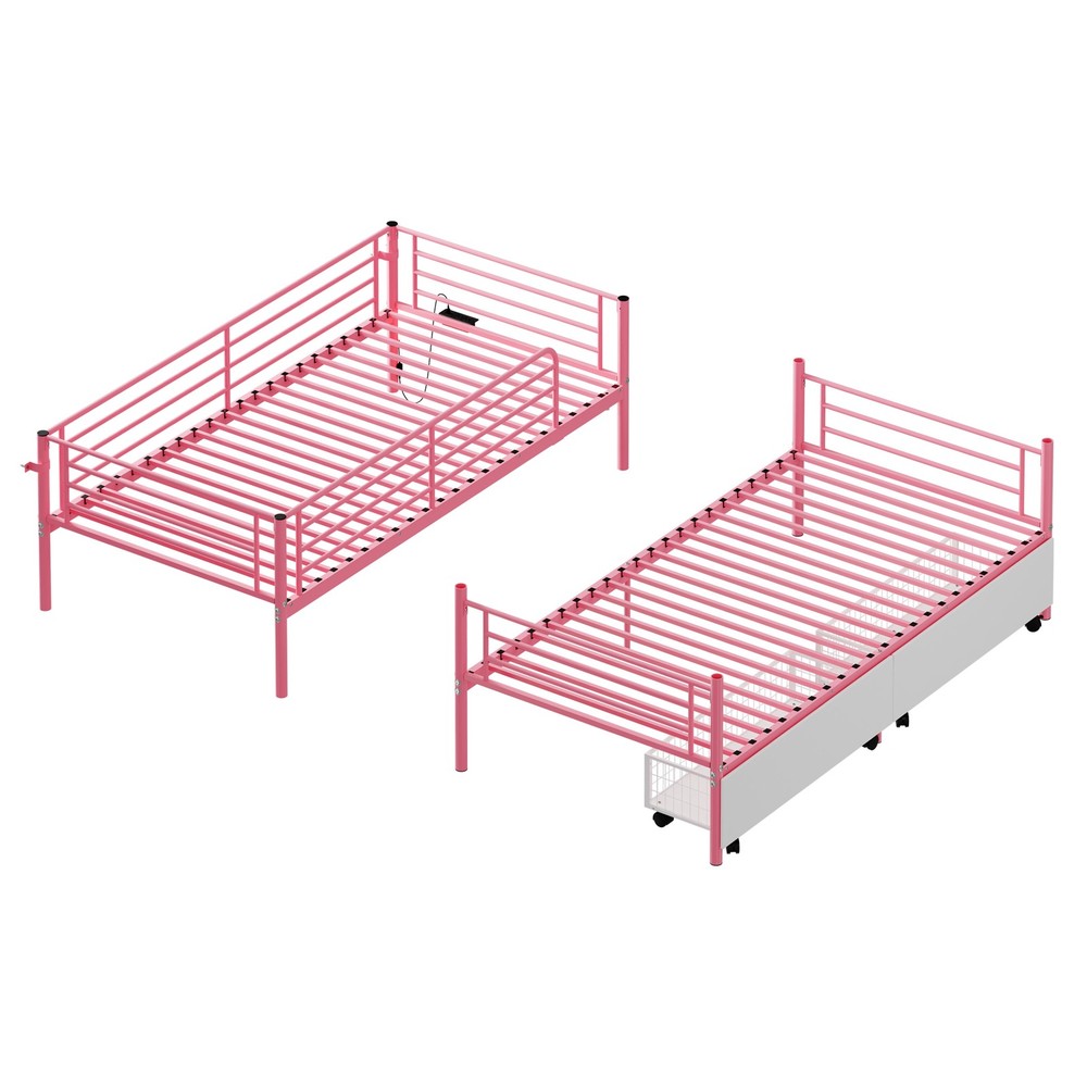 Bunk Bed with USB Charging Station, Able to Split, Metal Bunk Bed, Storage Space