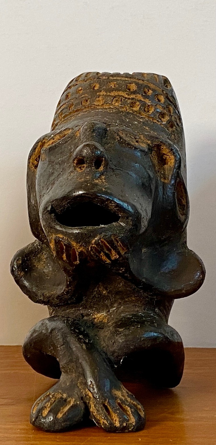 3 Pre Columbian Style Black Ware Clay Figures Musical Seated Vintage / Antique