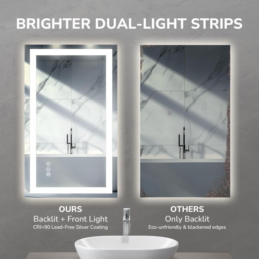 20”x28” LED Bathroom Mirror Lighted Lighted Vanity Mirror, Horizontal & Vertical