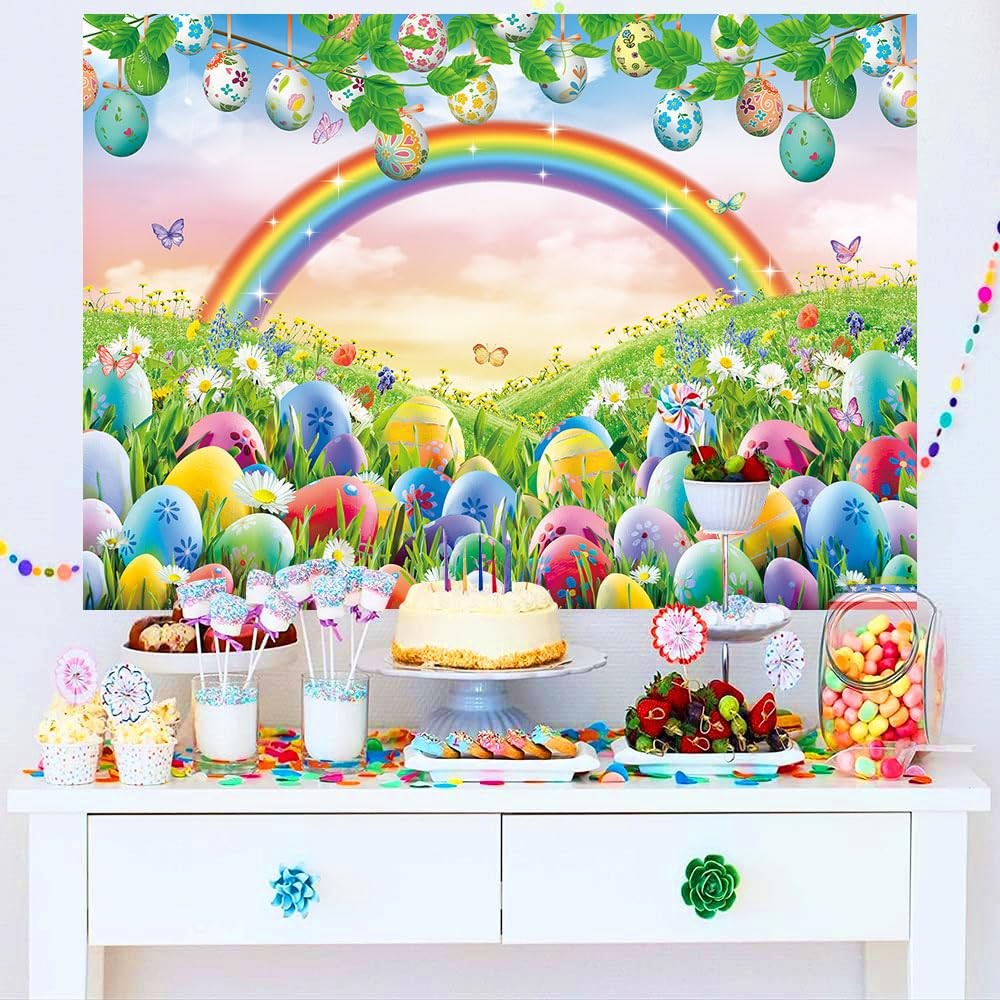 Spring Easter Backdrop Rainbow Meadow Flowers Colourful Eggs Photography Back...