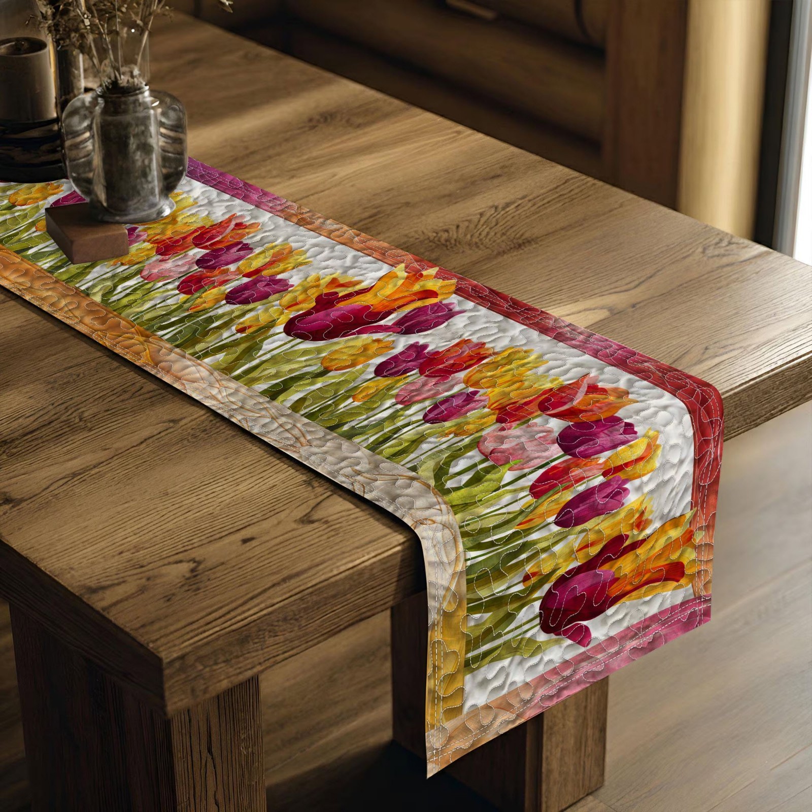 Tulips Quilted Table Runner, Pink Yellow Floral Table Runner Spring Dining Decor