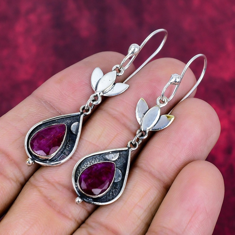Ruby Balancing Gemstones Handmade 925 Solid Silver Lab-Created Earrings Jewelry