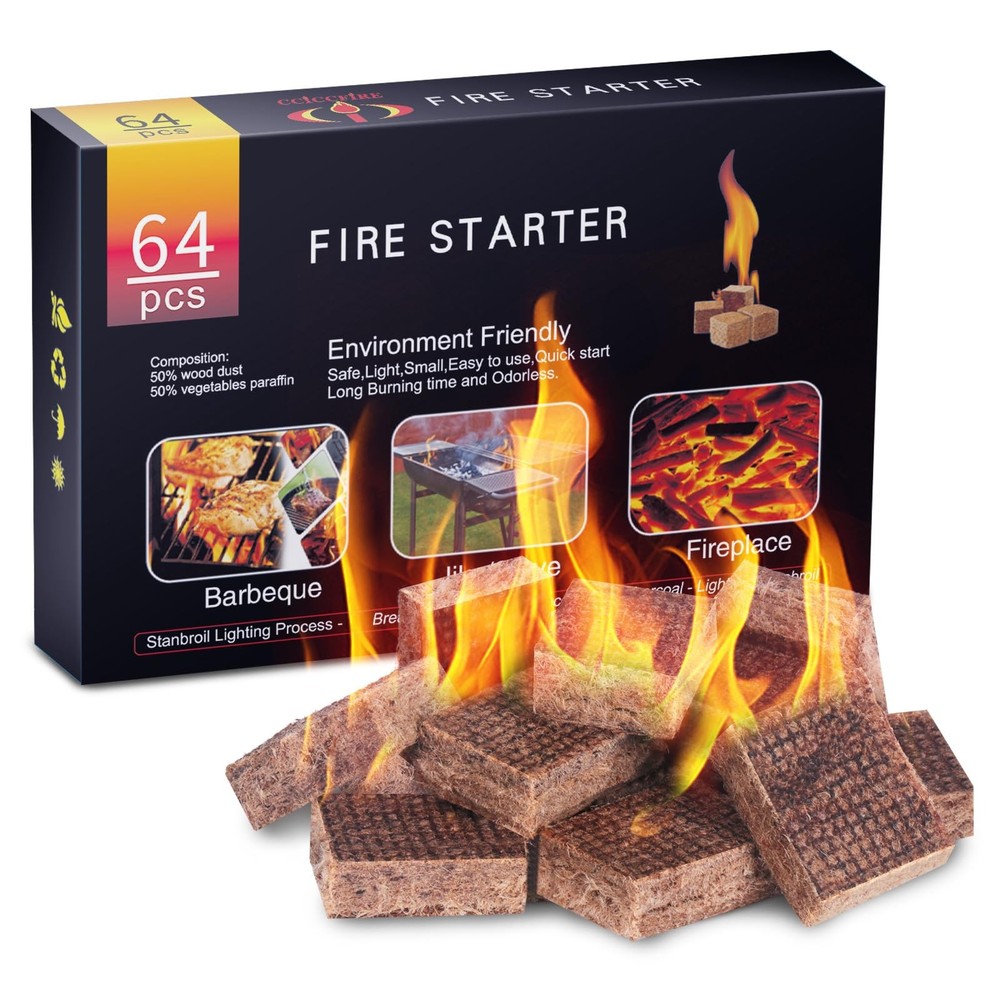 Fire Starter, 64 Mini Square, Natural Fire Starters for BBQ, Campfire, Firepl...