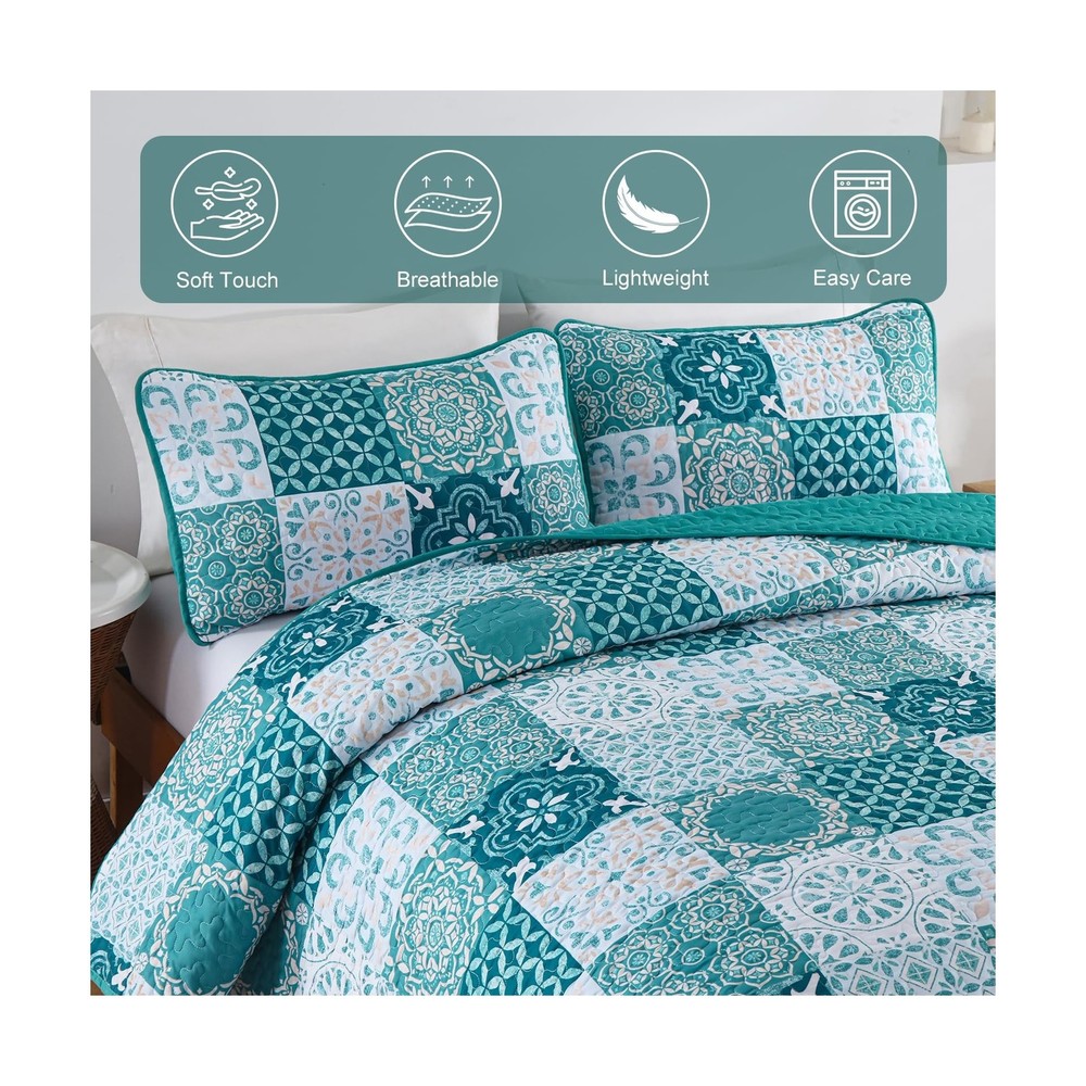 Teal Quilt Set Queen Size, Boho Turquoise Plaid Patchwork Bedspread... Fast Ship
