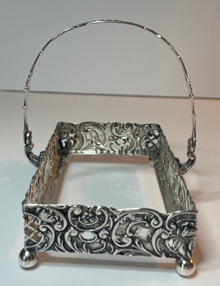 Germany Sterling Repousse Basket Etched Glass Insert Rectangular Swing Handle