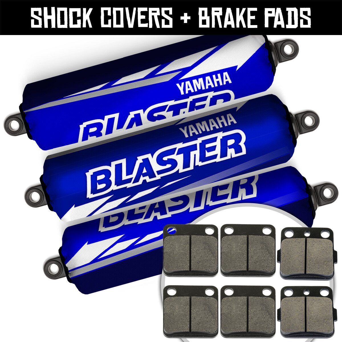 Front+Rear Blue Shock Covers + Brake Pads for Yamaha Blaster YFS 200 (2003-2006)