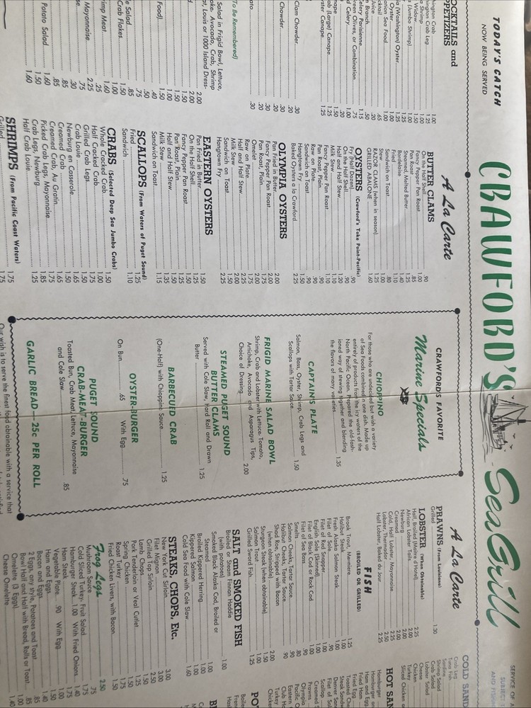 Crawford’s Sea Grill(Seattle)1952 menu W/xtras