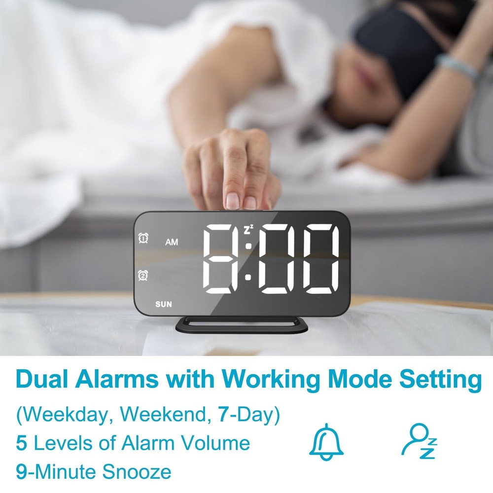 Slim LED Digital Alarm Clock, Mirror Surface for Makeup, with Diming, Large D...