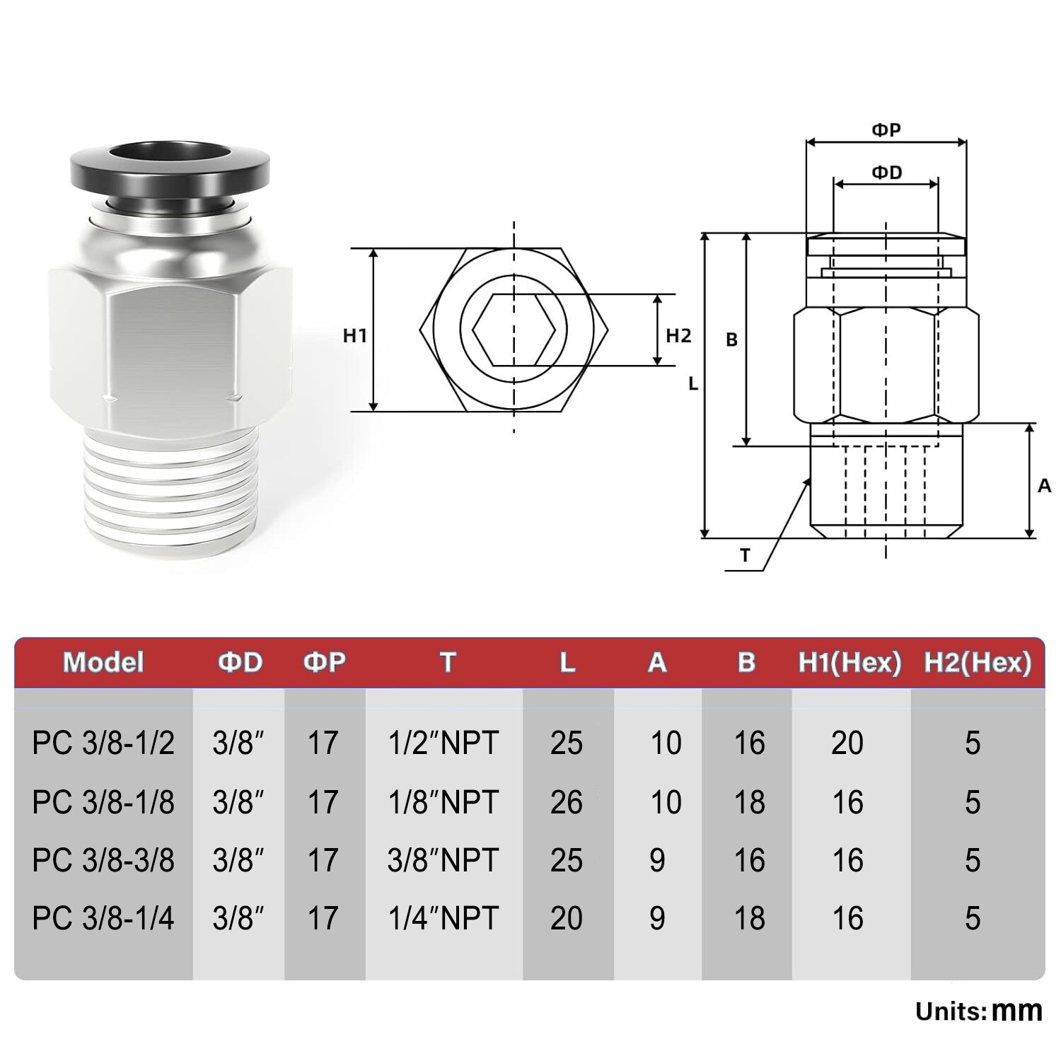 Push to Connect Hose Fitting Straight 3/8" Tube OD to 3/8" NPT Male Thread 10Pcs