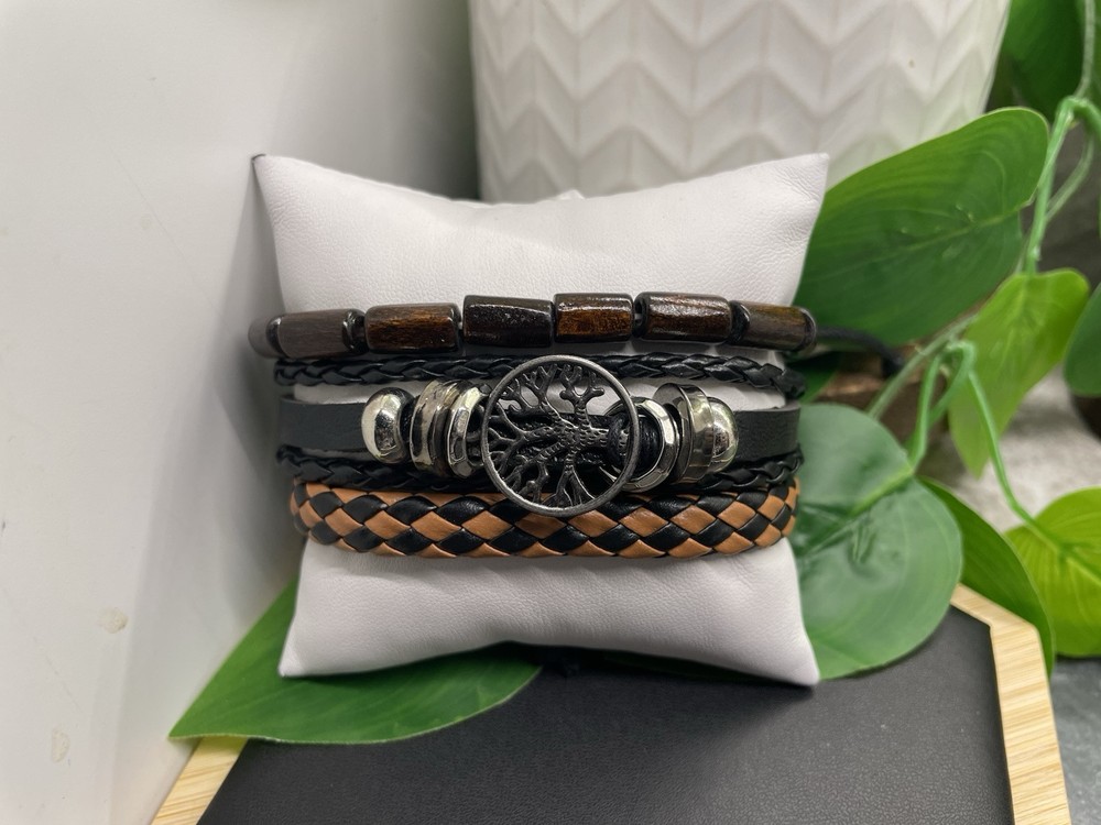 3 PC Leather Bracelet Stackable Adjustable Tie Free Ship Tree Life Charm B5203