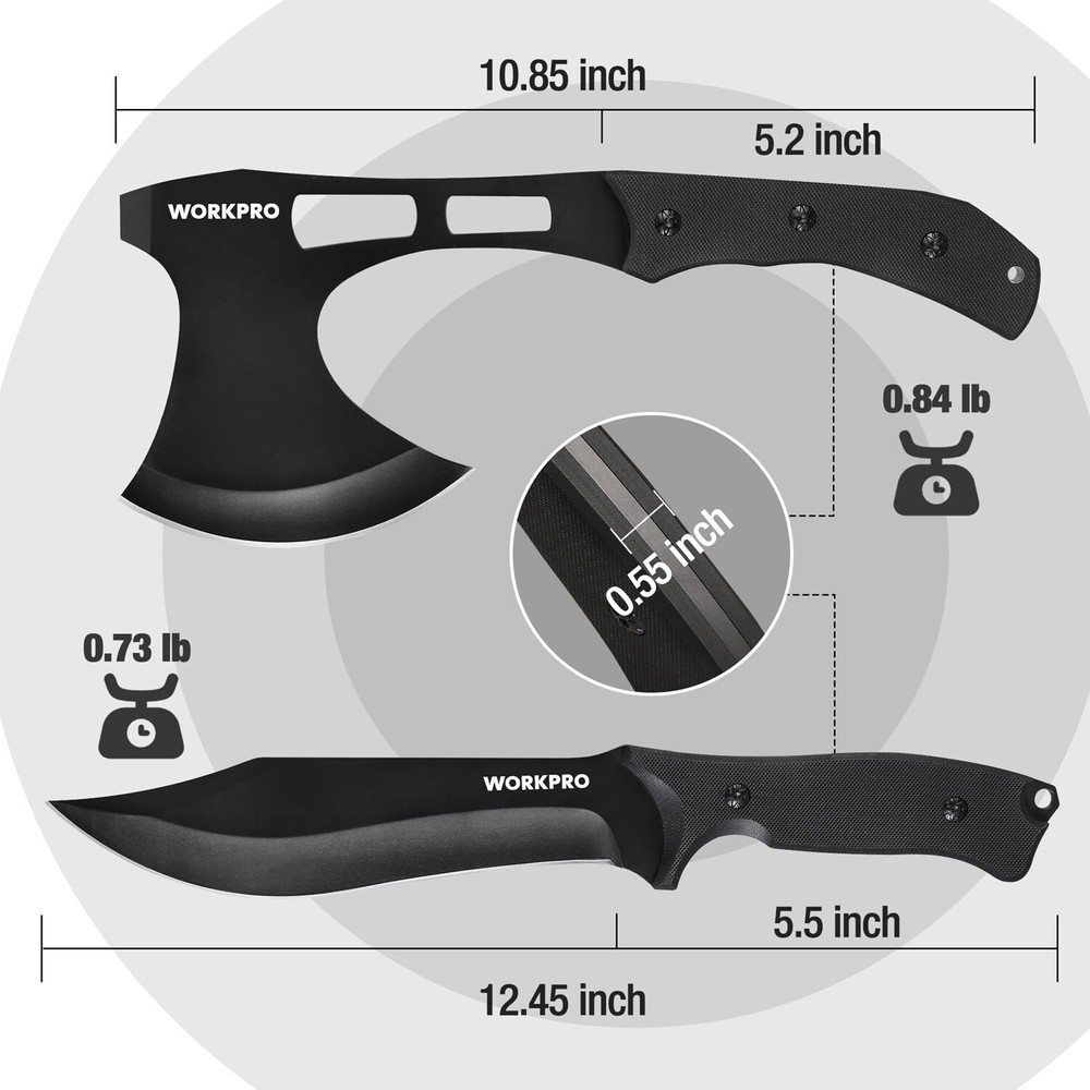 WORKPRO Hunting Knife Hatchet Axe Combo Set Full Tang Fixed Blade Tactical Knife