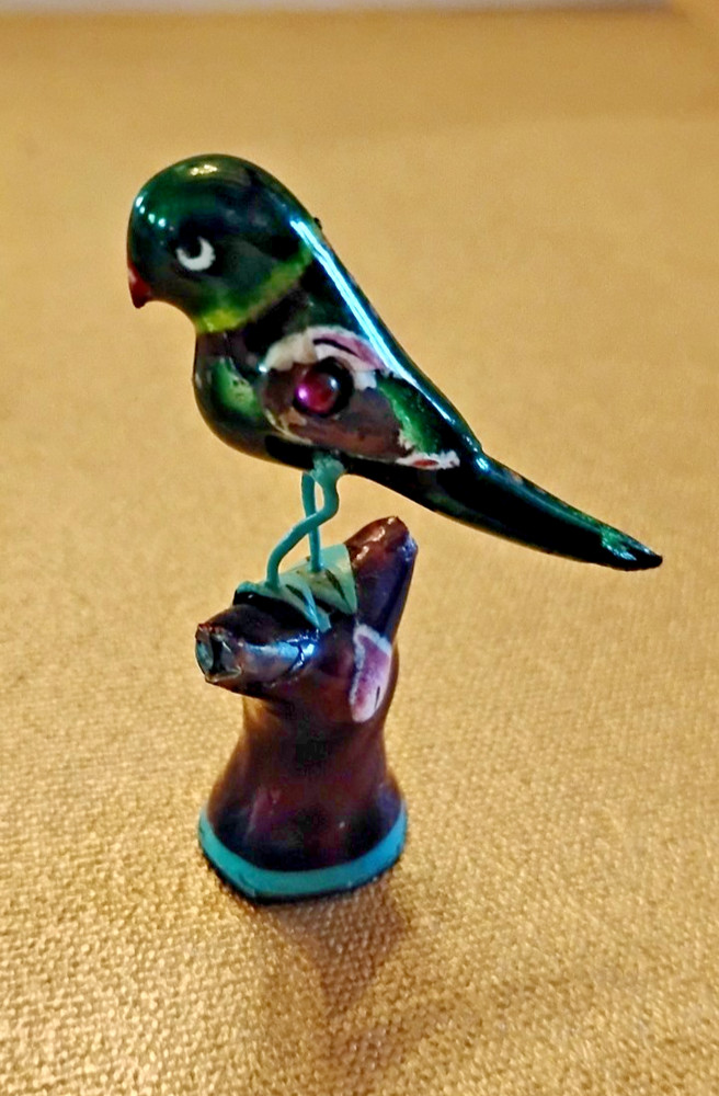ENAMELLED SILVER MINI PARROTS GREEN & COBALT GEM ACCENT