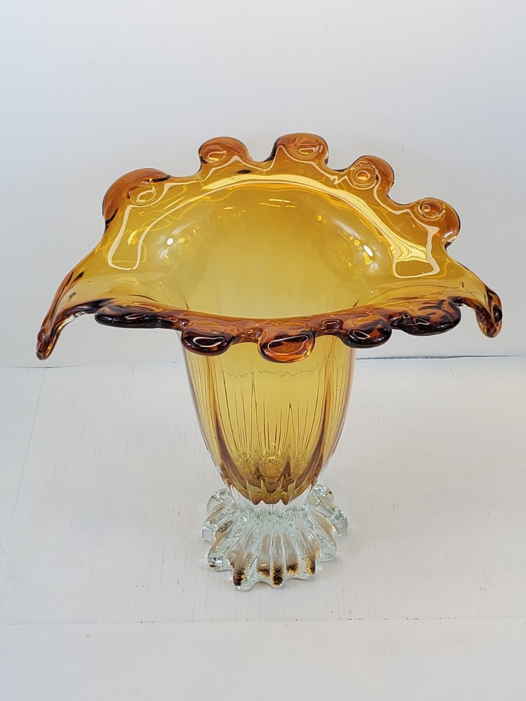 Davco Silver Amber Ruffled Edge Glass Vase Art Deco Design 10.5" Tall